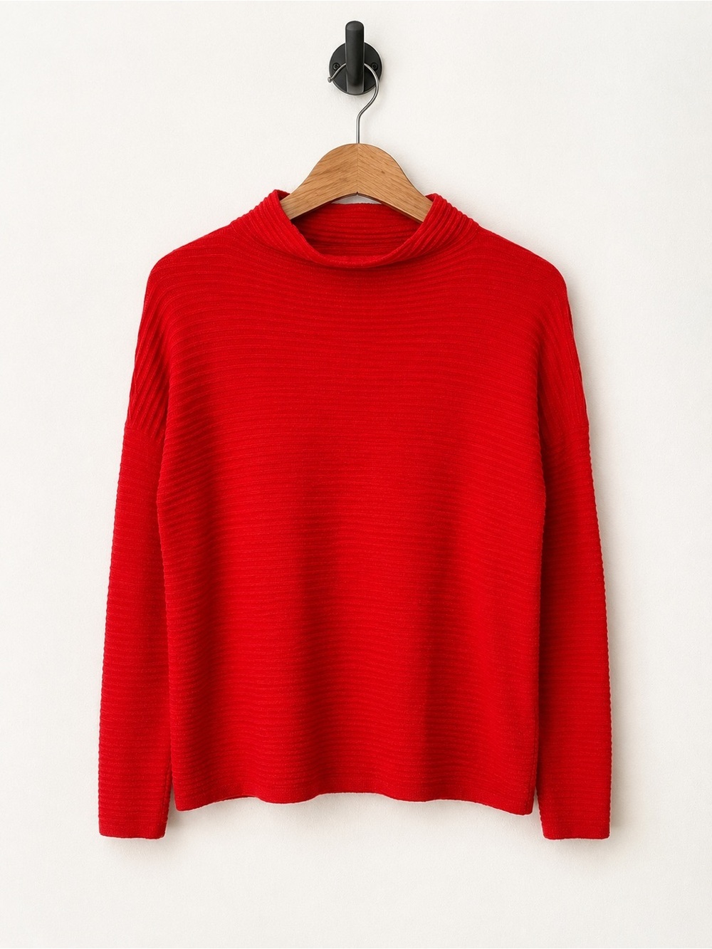 French Connection Red Ribbed Mock Neck Sweater Size S Soft Lightweight Knit